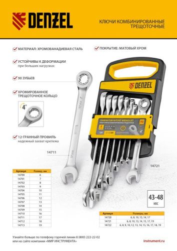 Ключ комбинированный трещоточный, 16 мм, CrV, матовый хром Denzel-Tehinstrument