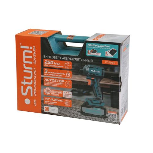 CD250H Винтоверт ударн б/щ  Sturm, 18В, 1BatterySystem, 250Нм, 1/4", 1x4.0Ач, кейс-Tehinstrument