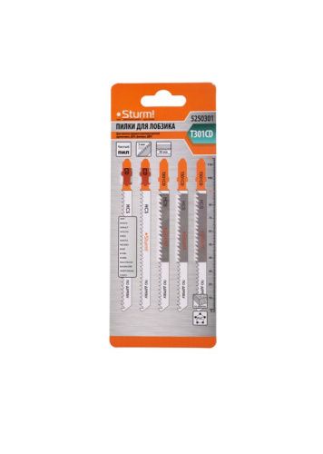 Пилки для лобзика по дереву T301CD, 5 шт, 115x90мм, шаг зуба 3мм, чистый прямой рез, HCS,  Sturm-Tehinstrument