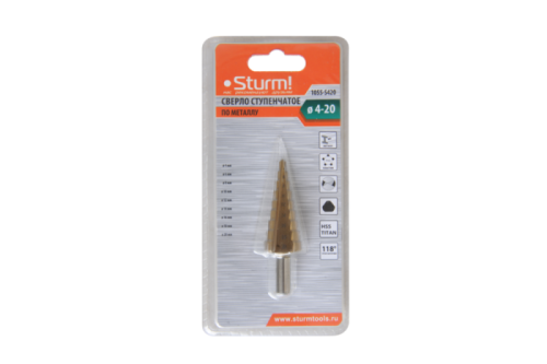 Сверло ступенчатое по металлу 4-20мм шаг 2мм HSS+TIN прямое  Sturm-Tehinstrument