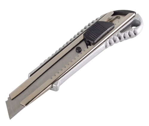 Нож с выдвижным лезвием 18 мм, металлический корпус, металлическая направляющая, автоматический фиксатор, Вихрь-Tehinstrument