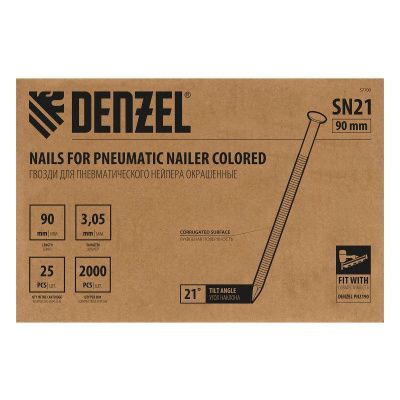 Гвозди для пнев. нейлера (крашен.), длина - 90 мм, диам. - 3,05 мм, 2000 шт. Denzel-Tehinstrument