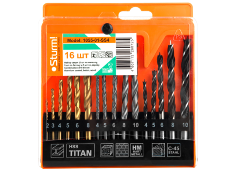 Набор сверл УНИВЕРСАЛЬНЫЙ: 6шт ПО МЕТАЛЛУ, 5шт ПО БЕТОНУ, 5шт ПО ДЕРЕВУ  Sturm-Tehinstrument
