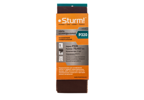 Шлифлента универсальная, 75х457мм, P320, 3 шт, для ЛШМ, х/б ткань,  Sturm-Tehinstrument