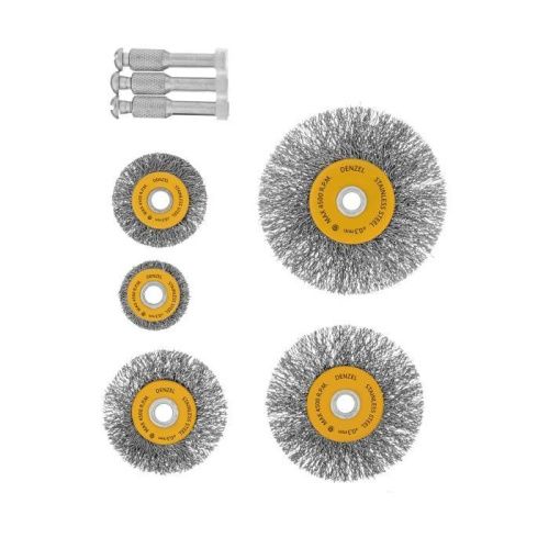 Набор щеток для дрели, 5 Плоских 25-38-50-63-75 мм, шпилька, нерж. вит. проволока Denzel-Tehinstrument