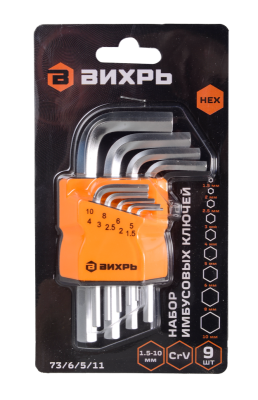 Набор ключей имбусовых Вихрь HEX, 9 шт, 1.5-10 мм-Tehinstrument