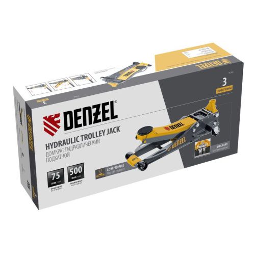 Домкрат гидравлический подкатной, 3 т, 75-500 мм, быстрый подъем, низкий подхват, проф. Denzel-Tehinstrument