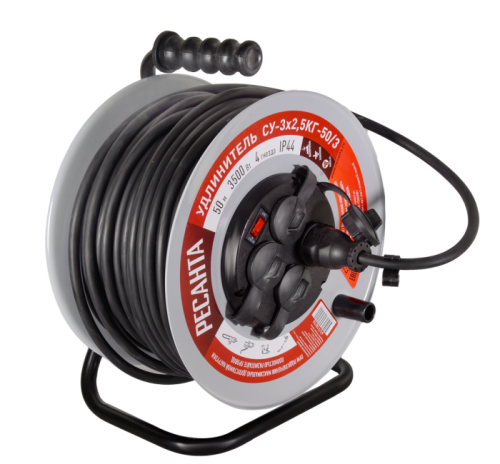 Удлинитель силовой на металлической катушке Ресанта СУ-3х2,5КГ-50/3 (с выкл., 4 розетки, IP44)-Tehinstrument