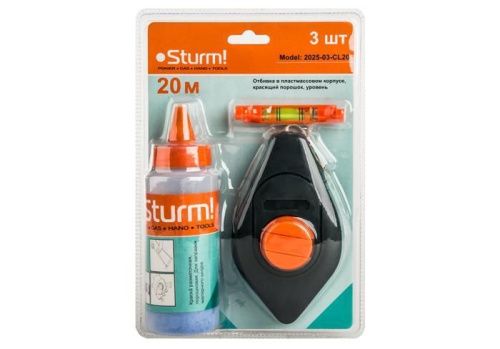 Шнур разметочный 20 м, меловой порошок синий, уровень  Sturm-Tehinstrument