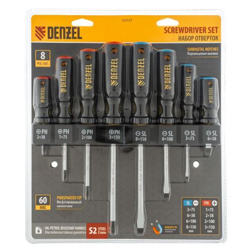 Набор отверток на полке, 8 шт., PH+SL, S2, 3к рукоятка Denzel-Tehinstrument