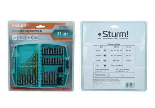 Набор бит и свёрл по металлу, 31 шт, шестигранный хвостовик, пластиковый кейс,  Sturm-Tehinstrument