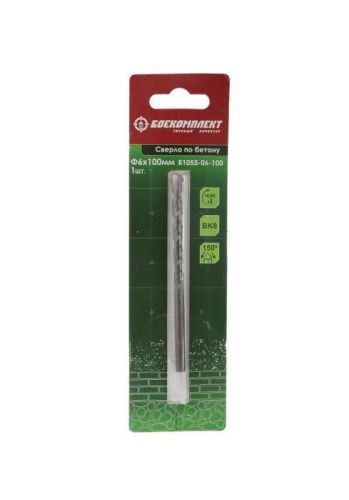Сверло по бетону, 6x100мм, плоский резец ВК8, цилиндрический хвостовик, БОЕКОМПЛЕКТ-Tehinstrument