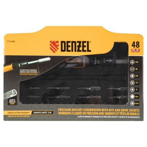 Отвертка с набором бит и торцевых головок для точных работ, гибкий привод, 48 шт, CrMo Denzel-Tehinstrument