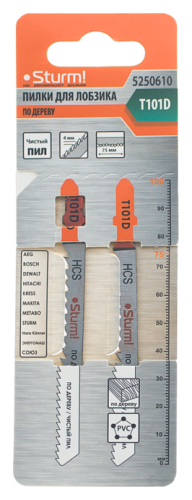 Пилки для лобзика по дереву T101D, 2 шт, 100х75мм, шаг зуба 4мм, чистый прямой рез, HCS,  Sturm-Tehinstrument