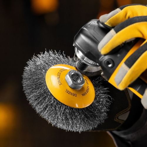 Щетка для УШМ, 125 мм, "Тарелка", витая нержавеющая проволока 0.3 мм, М14 Denzel-Tehinstrument