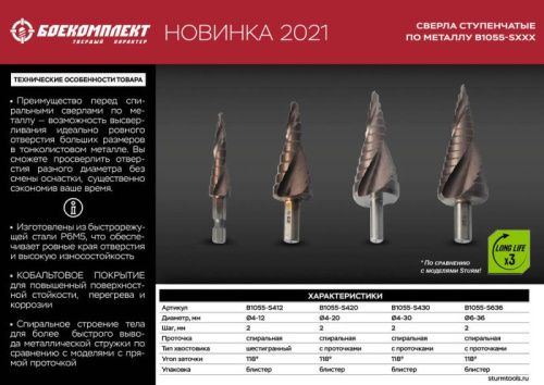 Сверло ступенчатое по металлу 4-20мм шаг 2мм Р6М5+COBALT спираль БОЕКОМПЛЕКТ-Tehinstrument