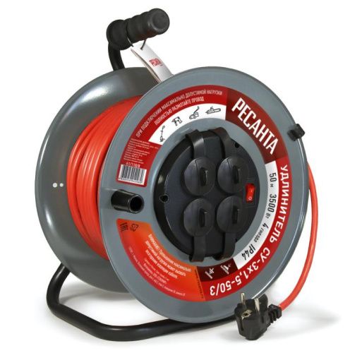 Удлинитель силовой на металлической катушке Ресанта СУ-3х1,5-50/3 (с выкл., 4 розетки, IP44)-Tehinstrument
