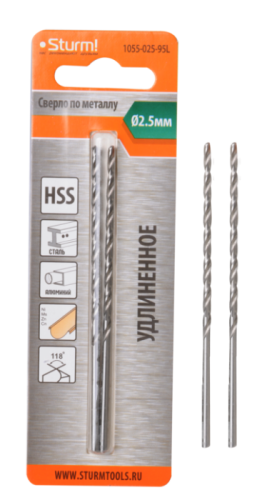 Cверло по металлу  Sturm 2,5х95 мм, сталь HSS, удлинен., 118° ,блистер 2 шт-Tehinstrument